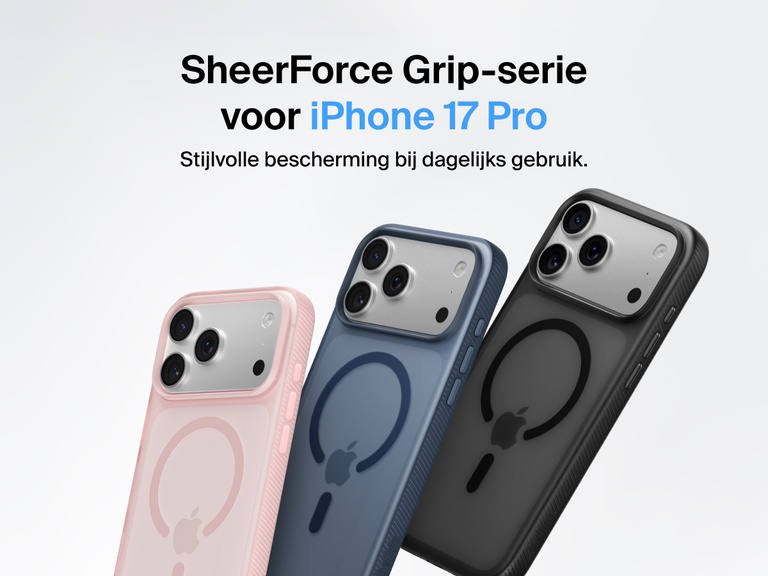 Belkin SheerForce Grip Series protective case for iPhone 17 shown in pink, clear, and black with slim design and MagSafe compatibility.