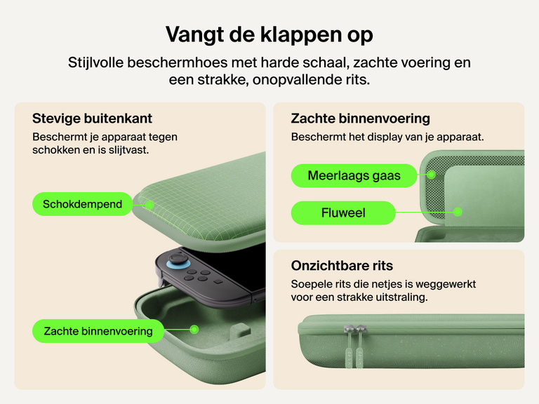 Belkin Gaming Charging Case for Nintendo Switch 2 features a shock-resistant outer shell, soft velvet-lined interior, layered mesh protection, and stealth zippers for durable, travel-ready protection.