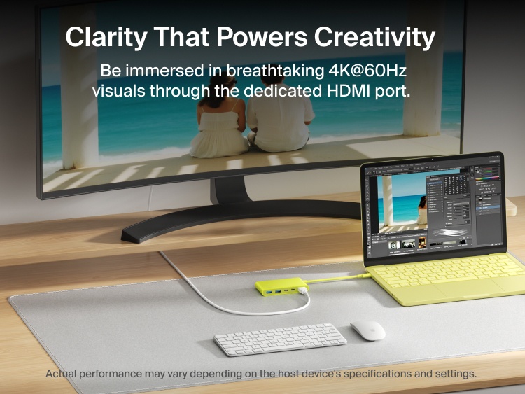 Belkin Connect 5-Port USB-C Hub with Dual USB-C Ports connects a laptop to a monitor, delivering stunning 4K@60Hz visuals via the dedicated HDMI port.