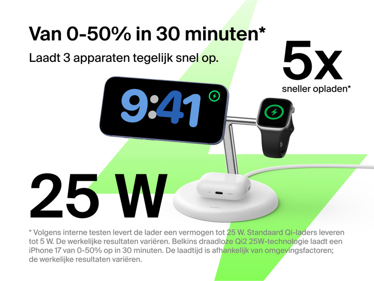 Belkin UltraCharge 3-in-1 Wireless Charging Stand with Qi2 25W charging iPhone, Apple Watch, and AirPods simultaneously on a compact vertical dock