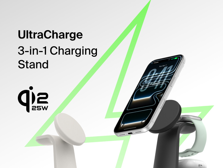 Belkin UltraCharge 3-in-1 Charging Stand with Qi2 25W shown charging a smartphone, Apple Watch, and wireless earbuds.