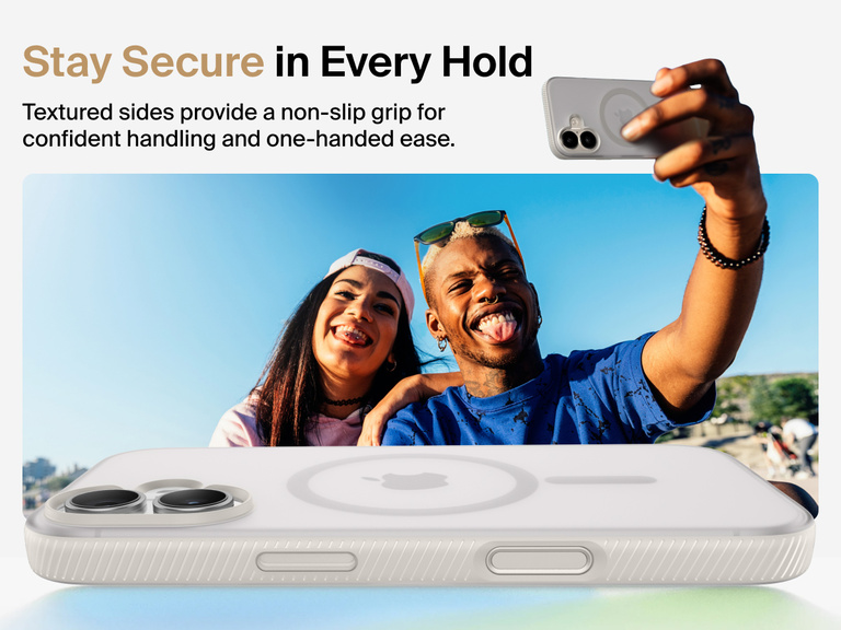 Belkin SheerForce Grip Series Case for iPhone 17 with military-grade drop protection and textured non-slip grip.