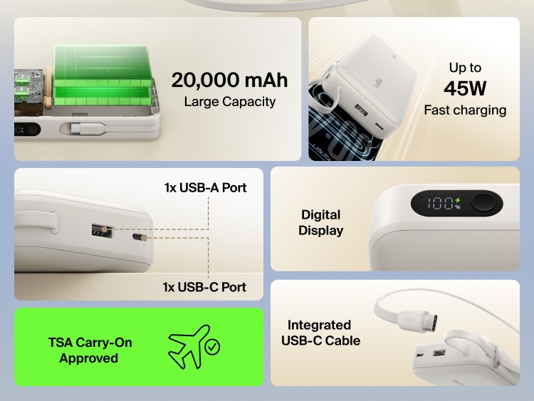 Belkin UltraCharge 20K 45W power bank with integrated USB-C cable, digital display, dual ports, and high-capacity battery for fast, travel-ready charging