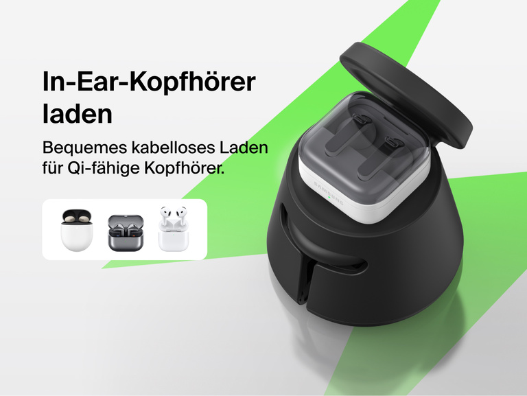 Die Belkin UltraCharge modulare Ladestation mit Qi2&nbsp;25W l&auml;dt Qi-f&auml;hige Earbuds kabellos auf. Das modulare Modell eignet sich als induktives Ladeger&auml;t f&uuml;r den Alltag.