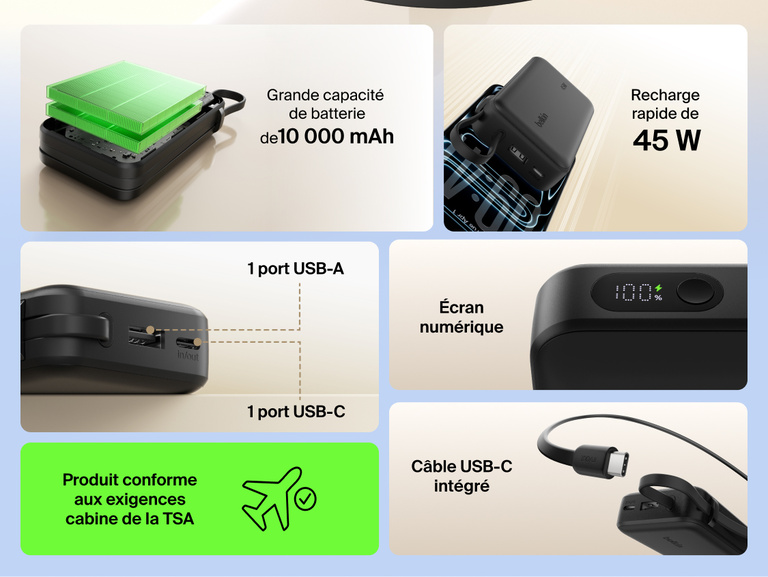 Belkin UltraCharge 10K power bank with 45W fast charging, integrated USB-C cable, digital display, USB-A and USB-C ports, and TSA carry-on approved design.
