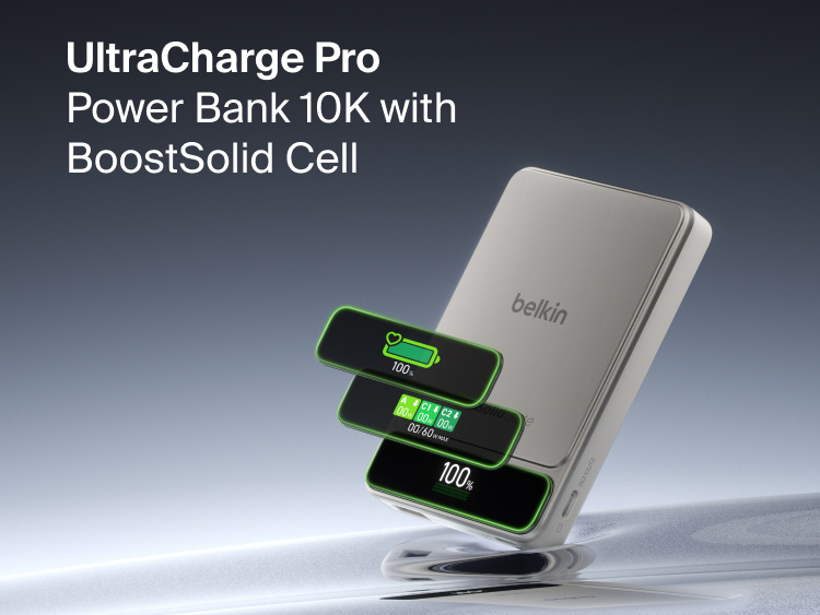 Belkin UltraCharge Pro Power Bank 10K with BoostSolid Cell featuring a smart display for battery status, real-time wattage and charging information.