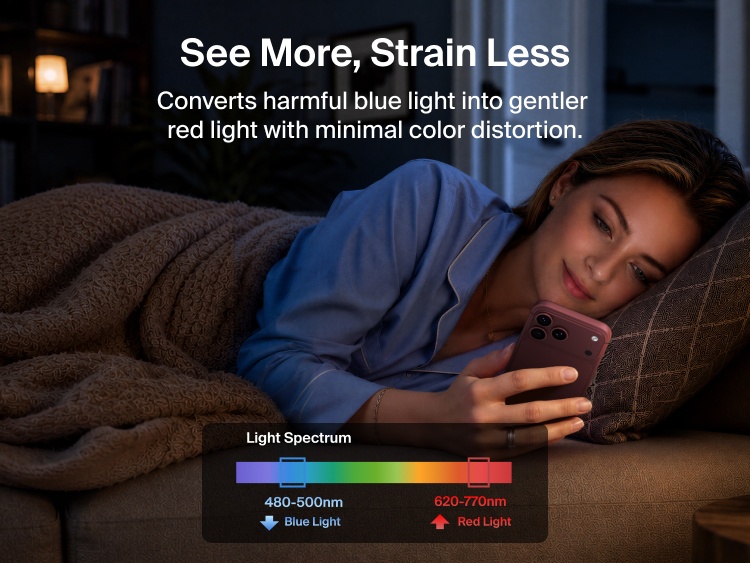 Woman using a smartphone at night with Belkin Titan SmartShield Pro Blue-to-Red Screen Protector, which converts blue light into gentler red light with minimal color distortion.