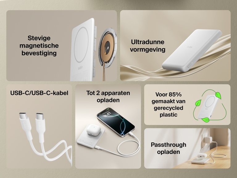 Belkin BoostCharge Slim Magnetic Power Bank 5K shown highlighting key features including secure magnetic ring, ultra-slim design, USB-C to USB-C cable, dual device charging, recycled materials, and pass-through charging capability.