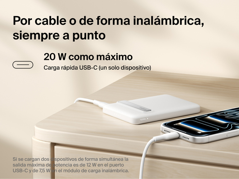 Belkin BoostCharge Slim Magnetic Power Bank 5K with Qi2 shown delivering wired USB-C fast charging and wireless charging for reliable, on-the-go power in a compact portable design.