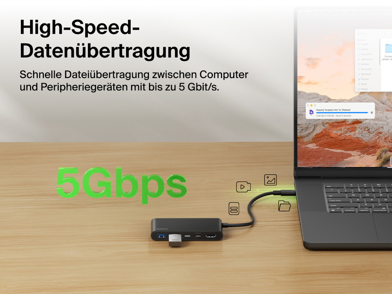 Belkin Connect 5-Port USB-C Hub with Dual USB-C Ports enables high-speed data transfer up to 5Gbps between laptop and connected devices.