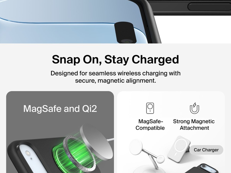 Belkin ScreenForce Protect Series Case for iPhone 17 with raised edges for screen and camera protection, designed for seamless magnetic wireless charging.