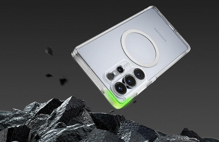 A SheerForce™ Magnetic iPhone Case falling onto a rocky surface, emphasizing its 2-meter drop protection. The text highlights the case's durability and ability to withstand drops from up to 2 meters, based on internal drop tests on concrete. The image conveys a rugged, protective design, ensuring enhanced impact resistance for your iPhone.