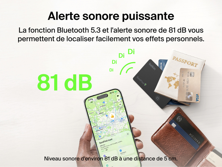 Image de la carte Belkin&nbsp;SureFind qui utilise le Bluetooth&nbsp;5.3 et qui &eacute;met une alerte sonore de 81&nbsp;dB pour permettre &agrave; l'utilisateur de g&eacute;olocaliser ses biens personnels comme un portefeuille ou un passeport.