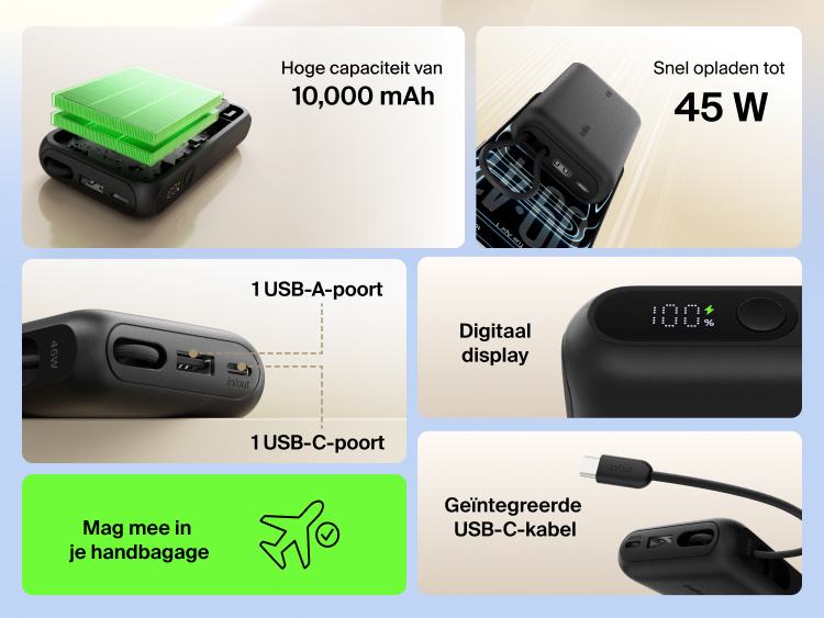 Belkin UltraCharge 10K power bank with 45W fast charging, integrated USB-C cable, digital display, USB-A and USB-C ports, and TSA carry-on approved design.