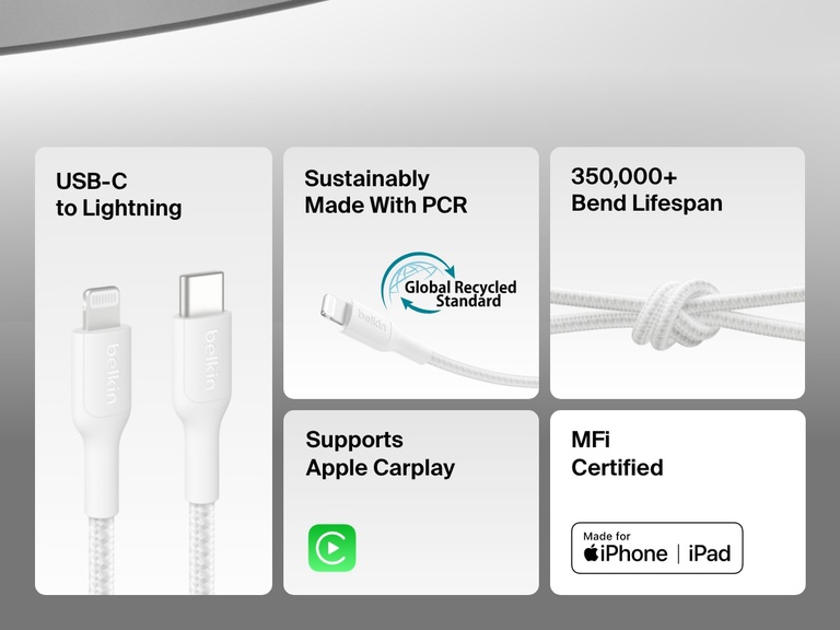 Belkin BoostCharge Pro USB-C Braided Cable with Lightning Connector features a durable design with 350,000+ bend lifespan, post-consumer recycled materials, Apple CarPlay support, and MFi certification for iPhone and iPad.