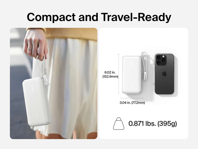 Belkin BoostCharge Power Bank 20K with Display shown in hand and next to a smartphone to highlight its compact, travel-ready design with dimensions of 6.02 x 3.04 inches and a lightweight build of 0.871 lbs (395g).