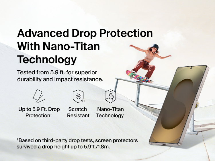 Belkin ScreenForce Titan EcoGuard Red Light Screen Protector for Samsung Galaxy S26 featuring Nano-Titan technology with scratch resistance and up to 5.9-foot drop protection for durable, everyday screen defense.