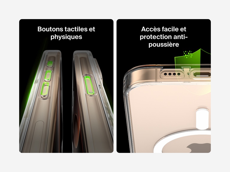 A dual-image showcase of the SheerForce™ Magnetic iPhone Case’s tactile, clickable buttons and dust-proof protection. The left image highlights the precisely designed buttons that offer a responsive and comfortable press. The right image focuses on the dust-resistant port cutouts, ensuring easy access while protecting against dirt and debris buildup.