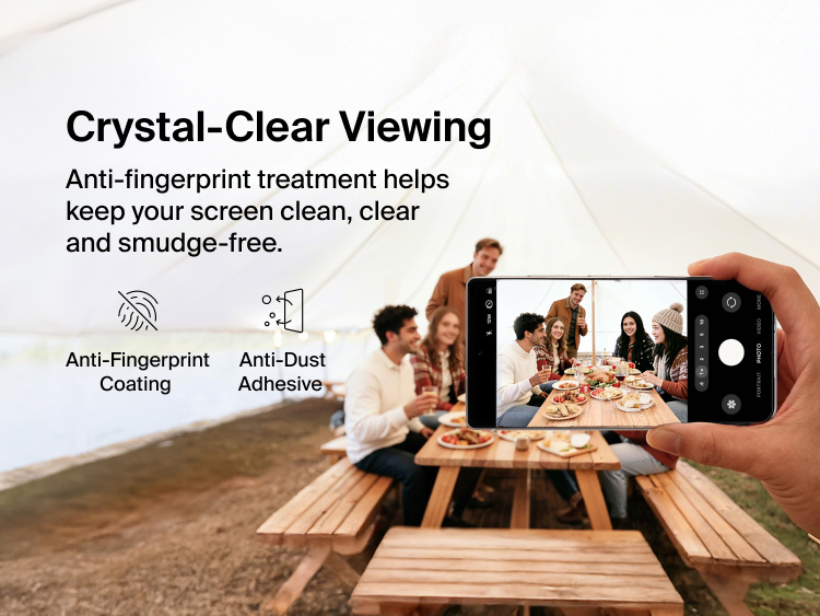 Belkin ScreenForce Titan EcoGuard Privacy Filter Screen Protector for Samsung Galaxy S26 shown delivering crystal-clear viewing with anti-fingerprint coating and anti-dust adhesive to help keep the display clean, clear, and smudge-free.