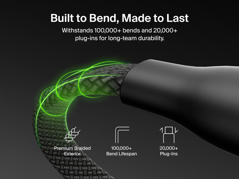 Belkin BoostCharge Pro Magnetic USB-C Cable 240W with premium braided exterior, built to withstand 100,000+ bends and 20,000+ plug-ins for long-term durability.