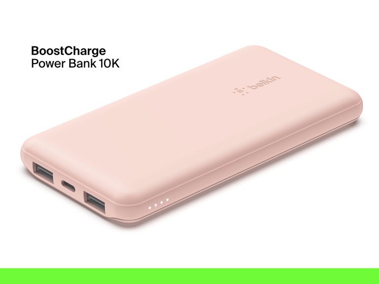 A Belkin BoostCharge Power Bank 10K is shown with dual USB-A ports, a USB-C port, and LED indicators for battery level.