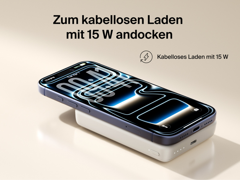 Slim Magnetic Power Bank 10K with Qi2 magnetically attached beneath smartphone demonstrating wireless charging connection