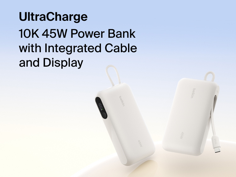 Belkin UltraCharge 10K 45W power bank with integrated cable and digital display showing battery level, designed for fast portable charging.
