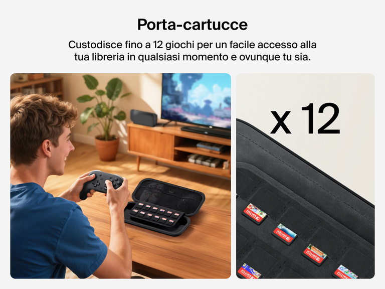 Un uomo che impugna un controller e accanto la custodia da viaggio Belkin Gaming per Nintendo Switch 2, con il porta-cartucce inclusivo di 12 giochi per un facile accesso.