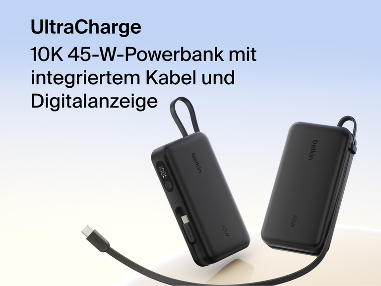 Belkin UltraCharge 10K 45W power bank with integrated cable and digital display showing battery level, designed for fast portable charging.