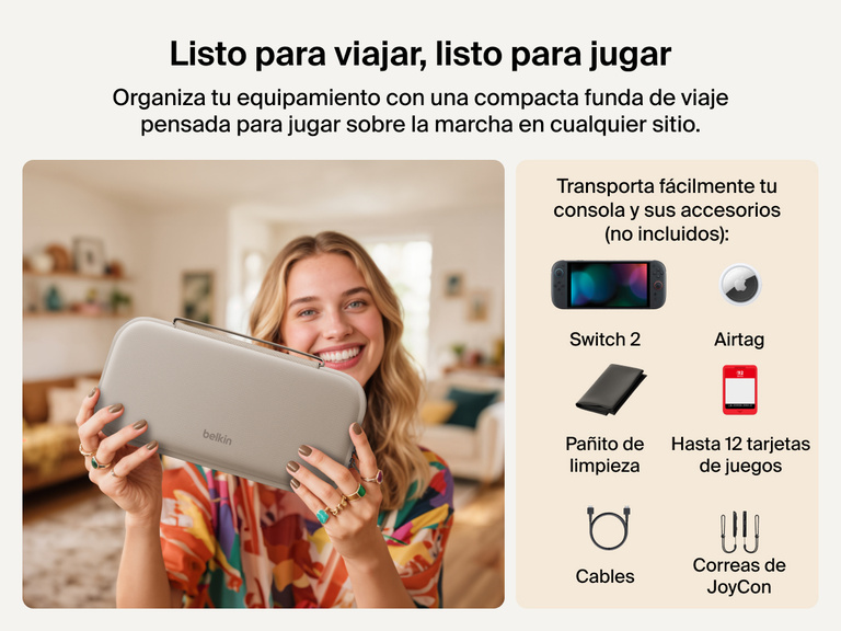 Smiling woman holds the Belkin Gaming Charging Case for Nintendo Switch 2, a compact travel case designed to carry your console and accessories like game cards, cables, JoyCon rails, and AirTag (not included).