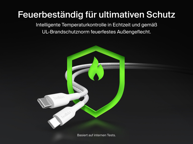 Das geflochtene Belkin BoostCharge Pro USB-C-Doppelkabel verf&uuml;gt &uuml;ber einen integrierten Kabelbinder, womit es bequem kompakt verstaut werden kann, und liefert bis zu 140&nbsp;W zum Laden unterwegs.