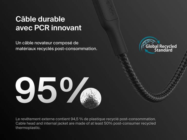 Belkin BoostCharge Pro USB-C to USB-C Braided Cable 240W shown with sustainability callouts highlighting 95% recycled materials and Global Recycled Standard certification.