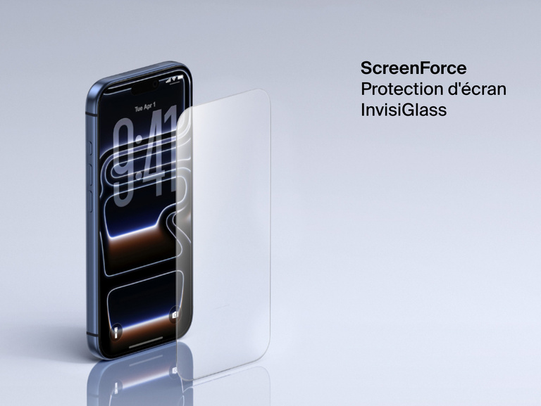 Protection d'&eacute;cran Belkin ScreenForce InvisiGlass sur l'&eacute;cran d'un iPhone pour une protection durable et transparente.