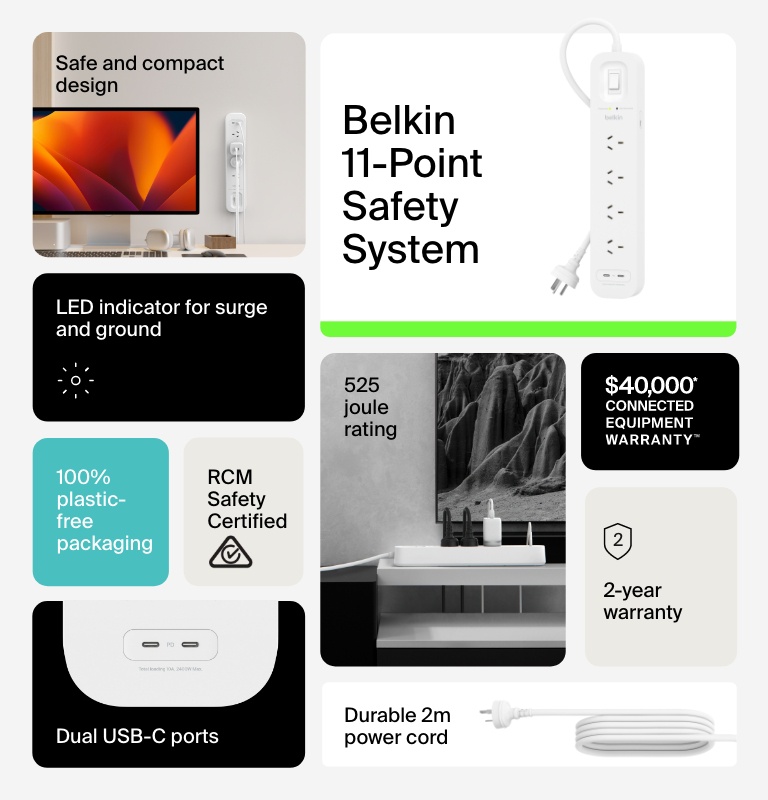 4-Outlet Surge Protector with Dual USB-C 30W Power Strip for Home, Office, Travel, Computer Desktop, Laptop, Home Entertainment Systems, Appliances 