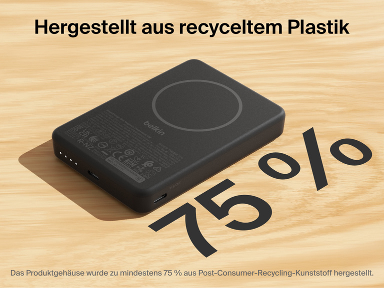 Belkin BoostCharge Slim Magnetic Power Bank 10K highlighting 75% post-consumer recycled plastic housing with slim magnetic design and USB-C ports