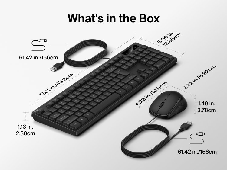 Image displaying the Belkin Connect Wired Keyboard and Mouse Combo with included full-size keyboard, ergonomic mouse, and 61.42-inch USB-A cables, shown with detailed product dimensions.
