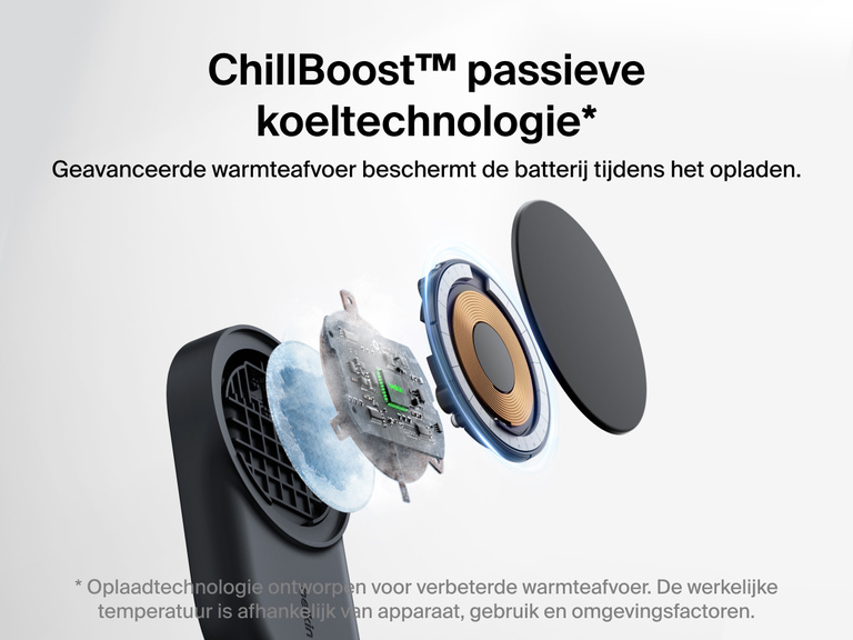 De Belkin UltraCharge 3-in-1 uitklapbare magnetische lader met Qi2 25W werkt met de passieve koeltechnologie ChillBoost™ om warmte beter af te voeren en de batterij te beschermen.