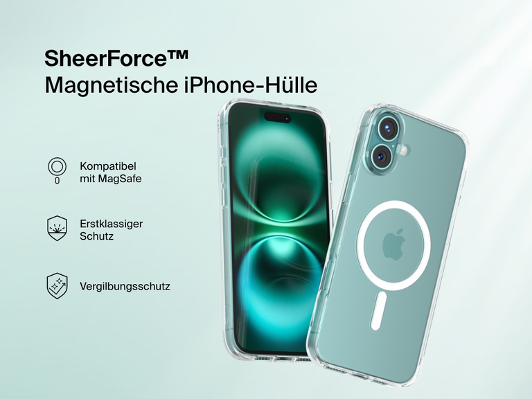 A promotional image of the SheerForce™ Magnetic iPhone Case, featuring a clear, MagSafe-compatible design. The case offers anti-yellowing technology and superior protection while maintaining the sleek look of the iPhone. The image highlights key features with icons, including MagSafe compatibility, durability, and long-lasting clarity.