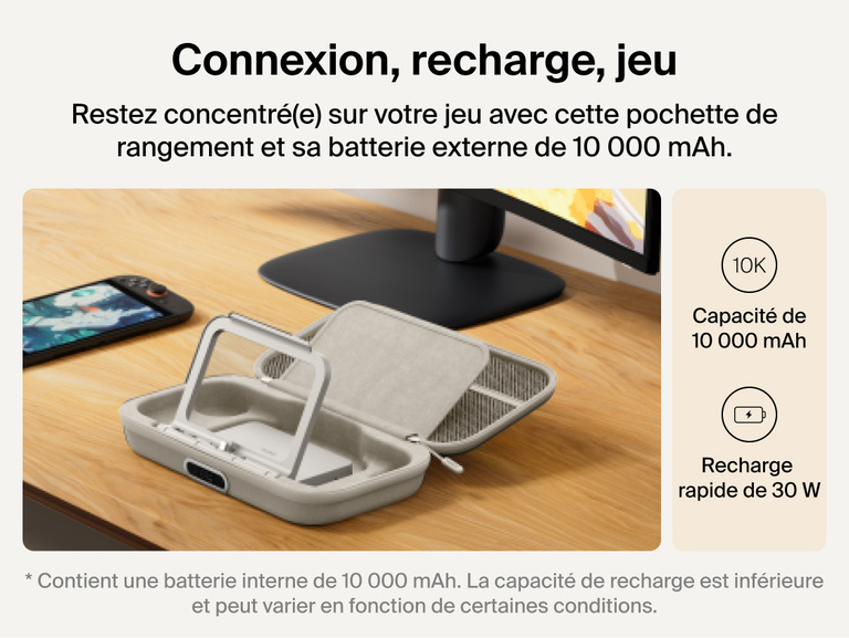 Belkin Gaming Charging Case Pro for Nintendo Switch 2 shown with detachable 10,000 mAh power bank, flip-up stand, and 30W fast charging for extended connected gameplay.