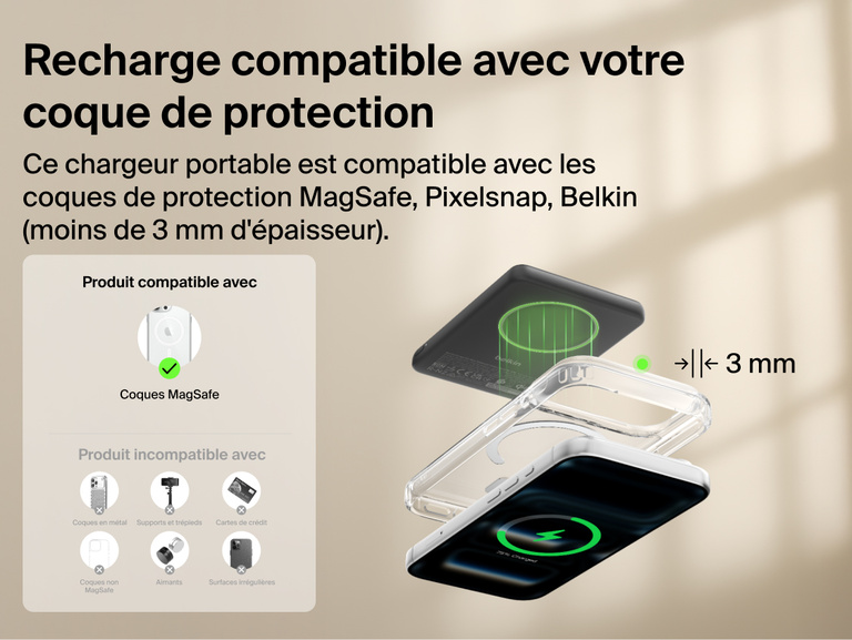 Belkin BoostCharge Slim Magnetic Power Bank 5K with Qi2 wirelessly charging a smartphone through a MagSafe-compatible case up to 3 mm thick for convenient everyday use.