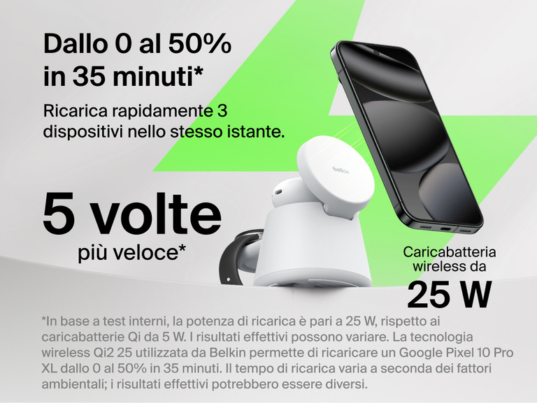 Immagine del dock di ricarica modulare con Qi2 25W Belkin UltraCharge  che mette in mostra la ricarica wireless rapida fino a 25 W, le prestazioni con velocit&agrave; fino a 5 volte pi&ugrave; rapida e la ricarica compatibile con smartphone dallo 0 al 50% in circa 35 minuti, mentre si ricaricano molteplici dispositivi nello stesso istante.