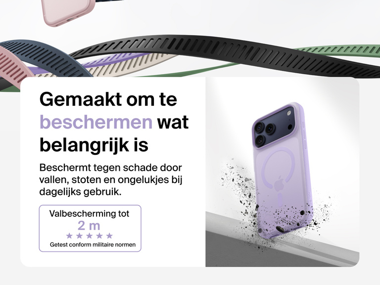 Belkin SheerForce Grip Series Case for iPhone 17 shown with textured grip and impact protection against drops.