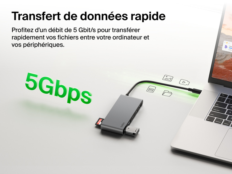 Belkin Connect 7-Port USB-C Hub with Dual USB-C Ports enabling high-speed data transfer up to 5Gbps between laptop and devices.