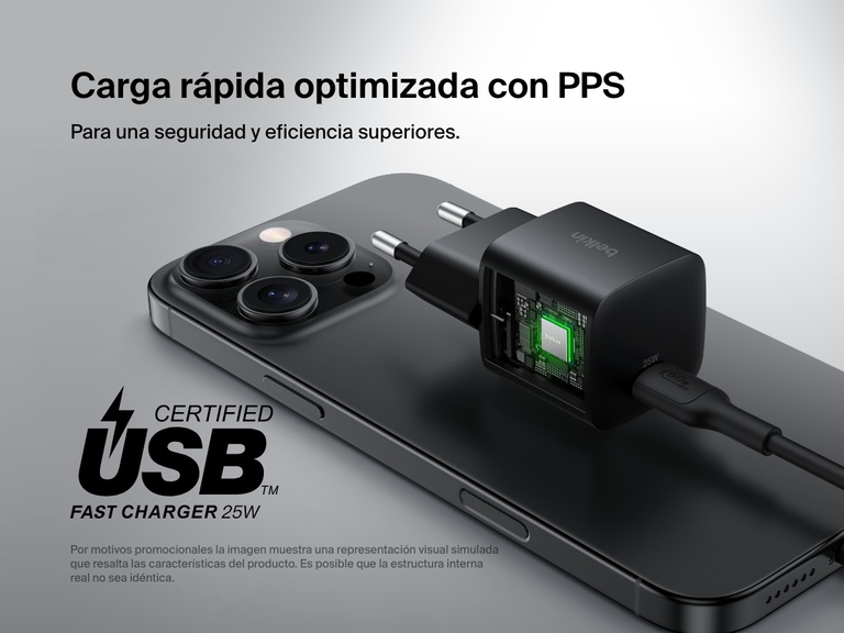 Belkin BoostCharge USB-C Wall Charger 25W shown with a visual cutaway highlighting PPS optimized fast charging for enhanced safety and efficiency.