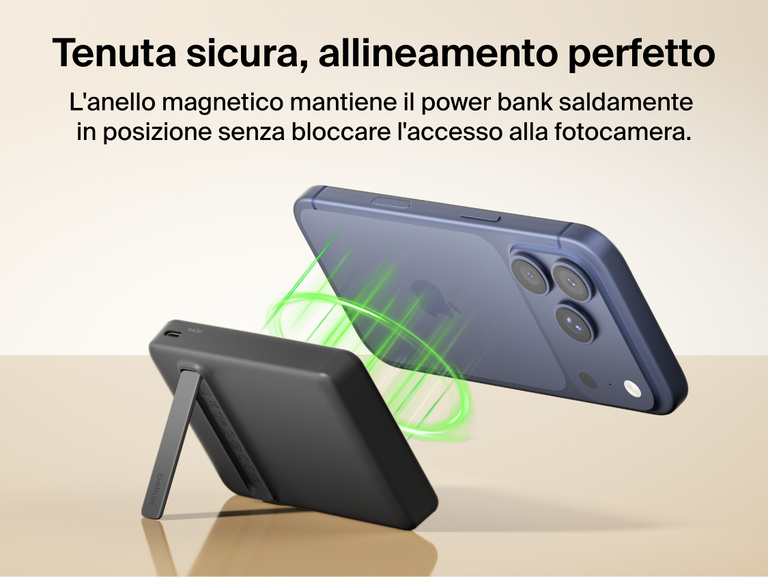 Slim Magnetic Power Bank 10K with Qi2 wirelessly charging smartphone on kickstand with power output indicators
