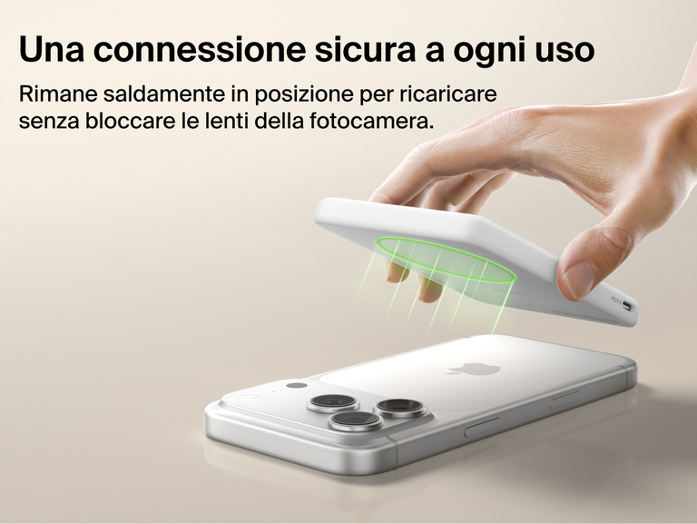 Belkin BoostCharge Slim Magnetic Power Bank 5K with Qi2 featuring a secure magnetic ring that aligns accessories and attaches firmly without obstructing the phone camera.