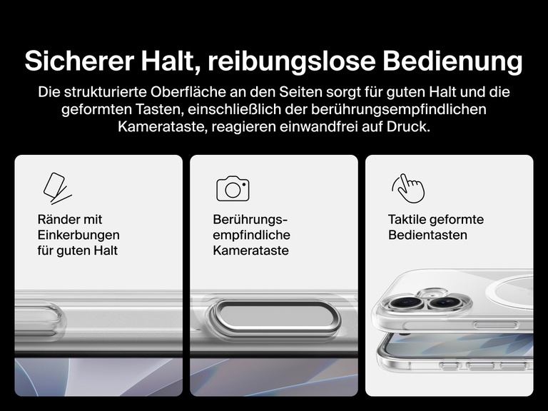 Belkin SheerForce Clear Series Case for iPhone 17 with grooved edges, tactile molded controls, and touch-sensitive camera button for secure grip and seamless control.