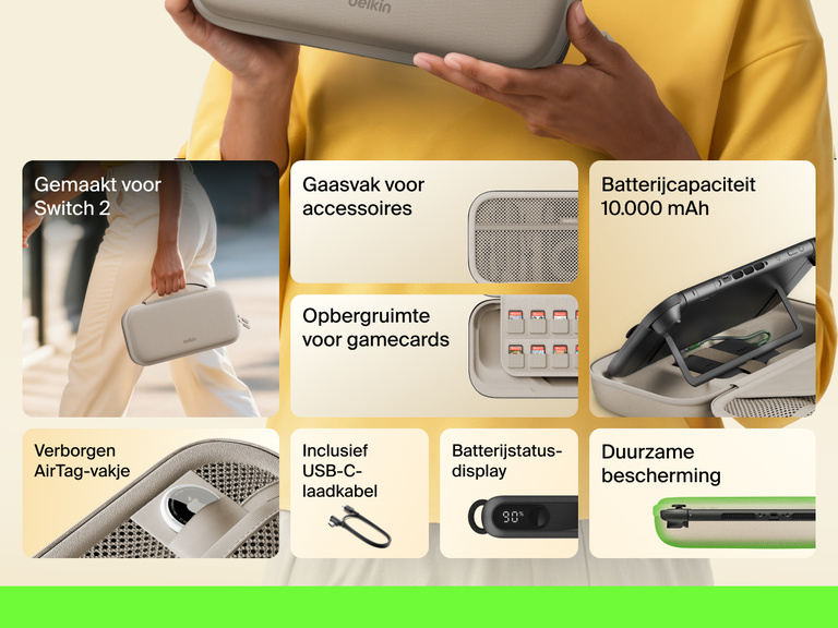 Infographic showcasing the Belkin Gaming Charging Case for Nintendo Switch 2 with features like 10,000 mAh power capacity, game card storage sleeve, USB-C cable, LCD battery indicator, mesh pocket, hidden AirTag pocket, and a durable, protective design.