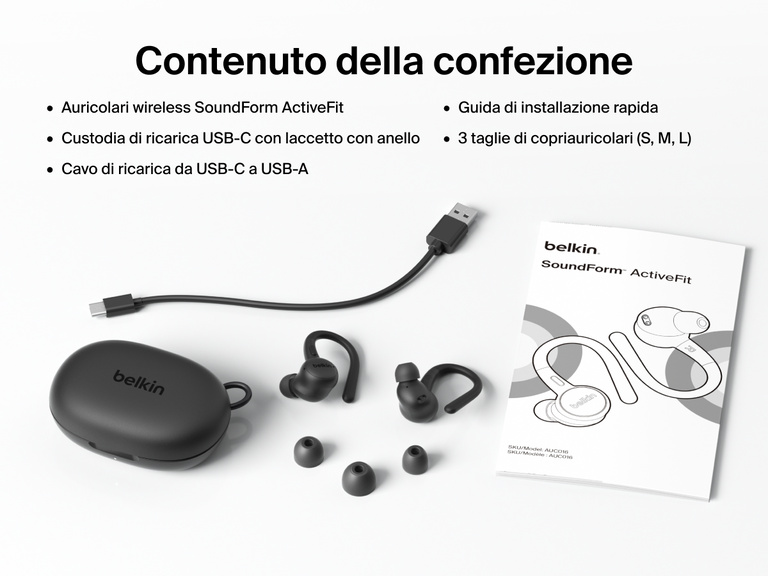 Belkin SoundForm ActiveFit Wireless Earbuds with USB-C charging case, USB-C to USB-A cable, quick start guide, and three ear tip sizes included in the box.