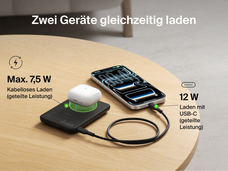 Belkin BoostCharge Slim Magnetic Power Bank 5K with Qi2 charging two devices simultaneously using magnetic wireless charging and USB-C wired output for shared power.